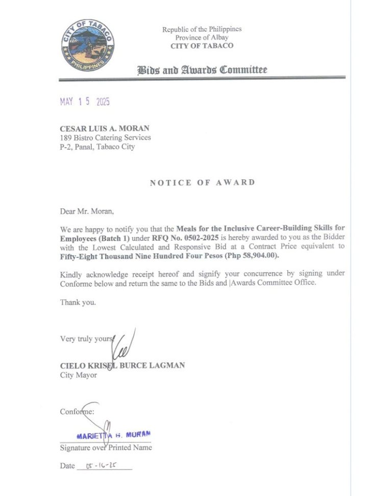 Notice of Award: Meals for the Inclusive Career-Building Skills for Employees (Batch1), PR No. 25-05-0656