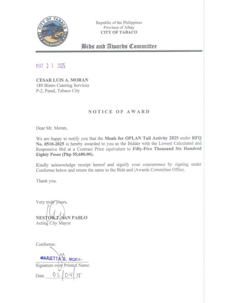 Notice of Award: Meals for OPLAN Tuli Activity 2025, PR No. 25-05-0571