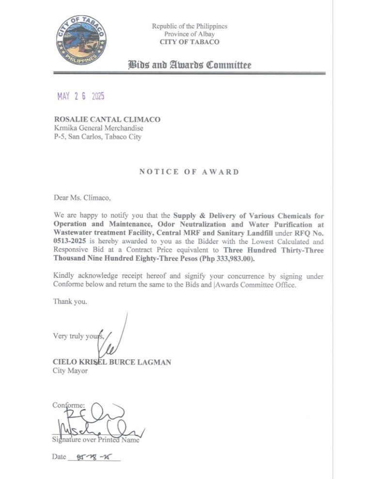 Notice of Award: Supply & Delivery of Various Chemicals for Operation and Maintenance, Odor Neutralization and Water Purification at Wastewater Treatment Facility, Central MRF and Sanitary Landfill, PR No. 25-05-0575