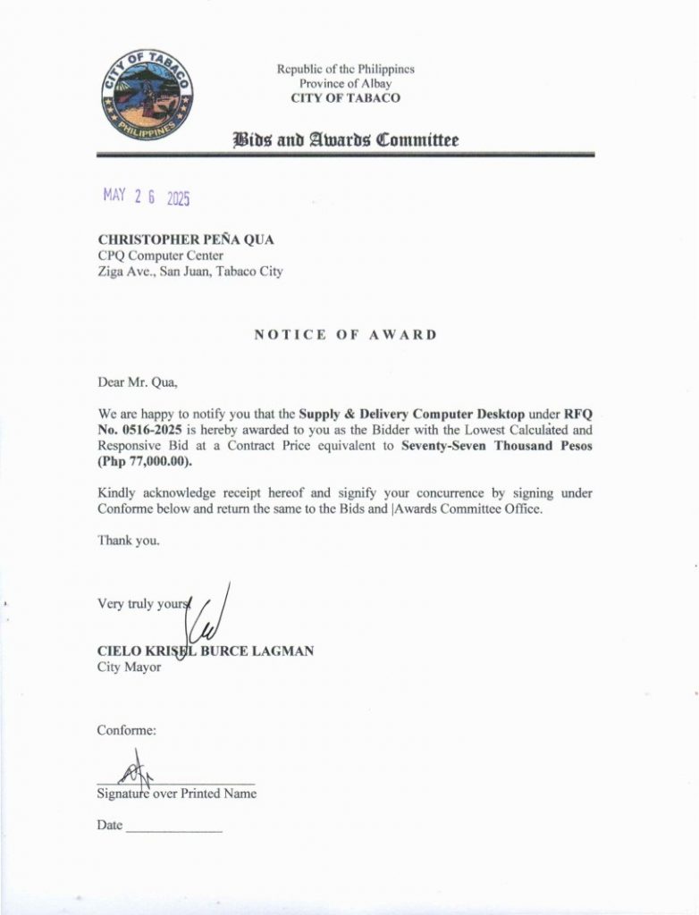 Notice of Award: Supply & Delivery of Computer Desktop, PR No. 25-05-0578