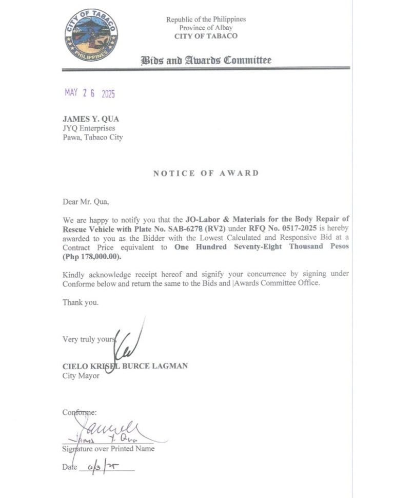 Notice of Award: JO-Labor & Materials for the Body Repair of Rescue Vehicle with Plate No. SAB-6270 (RV2), PR No. 25-05-0579