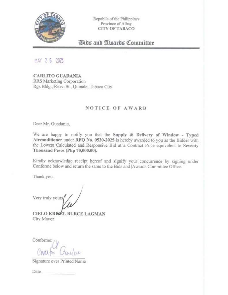 Notice of Award: Supply & Delivery of Window – Typed Airconditioner, PR No. 25-05-0582
