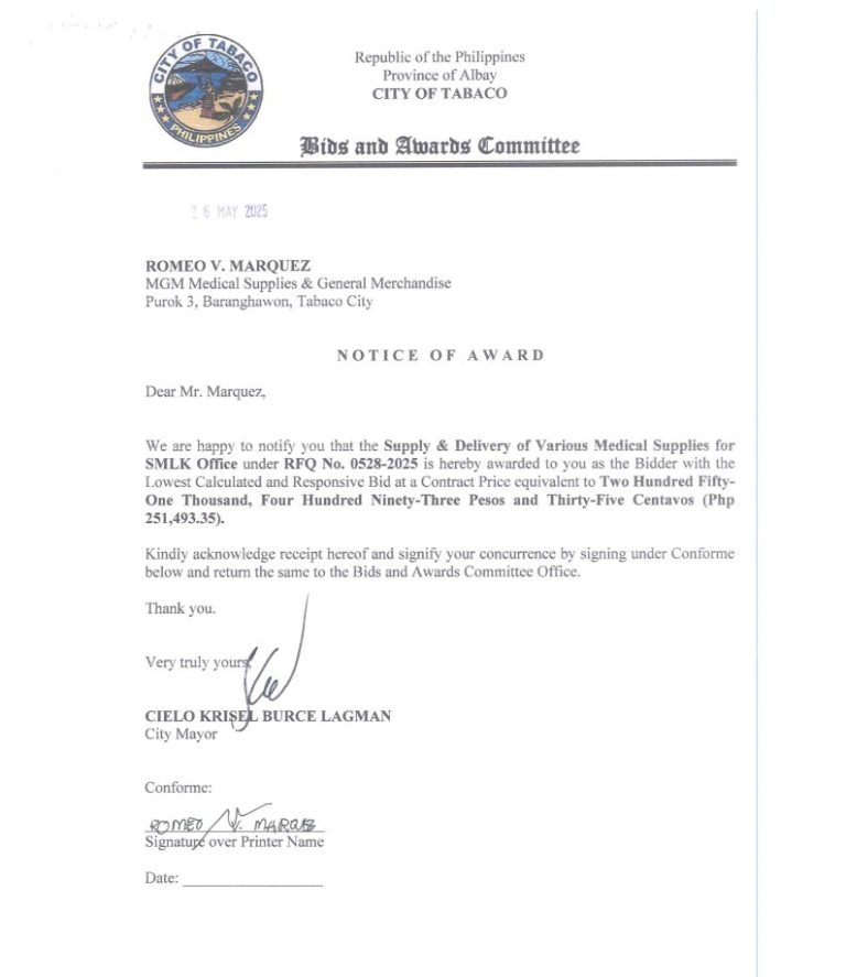 Notice of Award: Supply & Delivery of Various Medical Supplies for SMLK Office, PR No. 25-05-0590