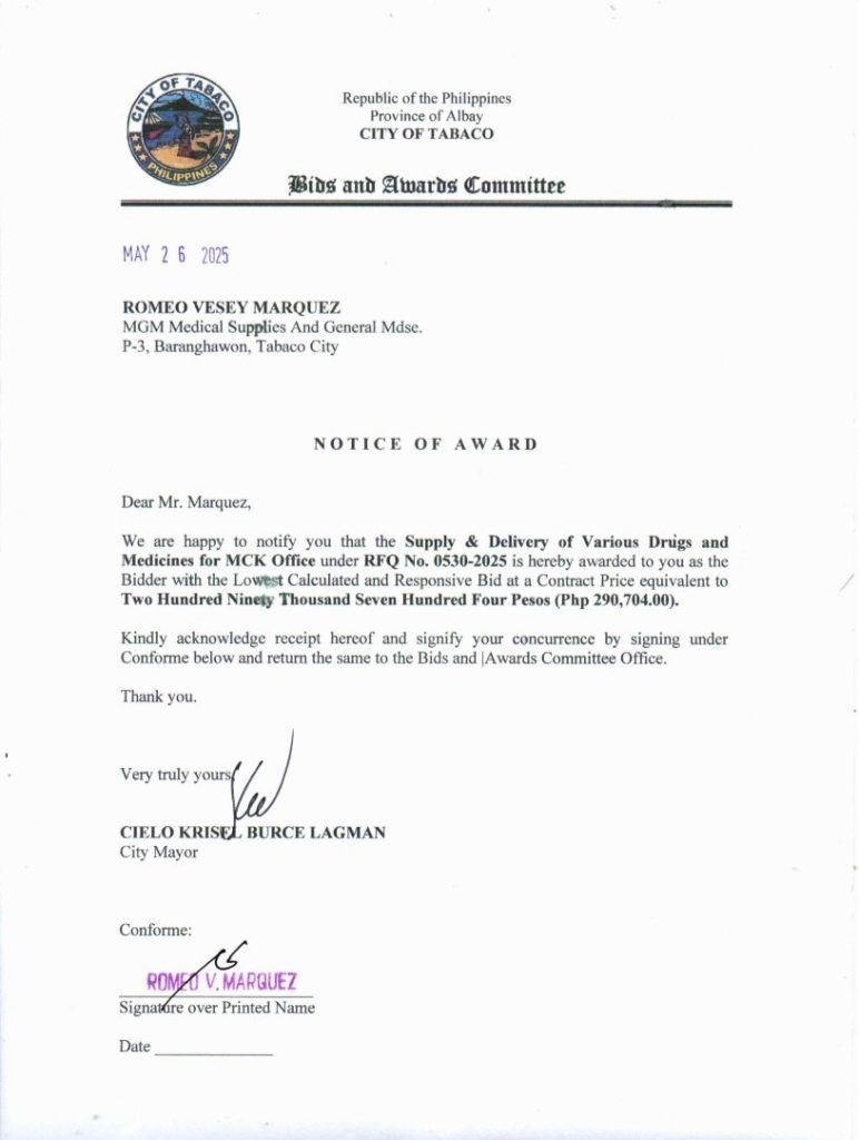 Notice of Award: Supply & Delivery of Various Drugs & Medicines for MCK Office, PR No. 25-05-0593