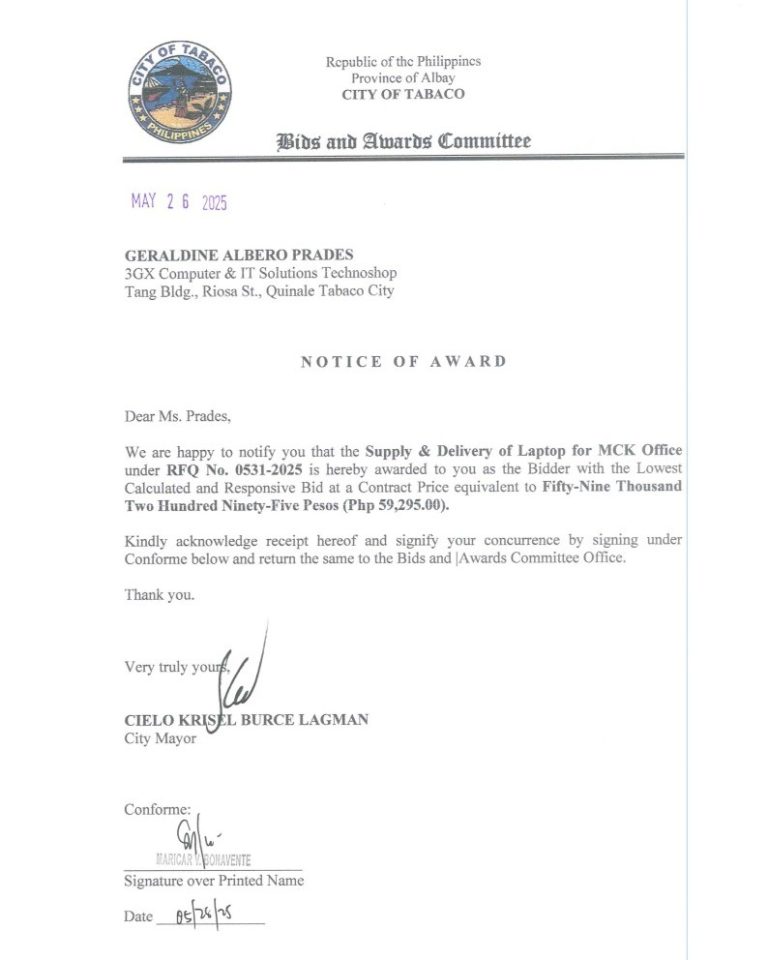 Notice of Award: Supply & Delivery of Laptop for MCK Office, PR No. 25-05-0594