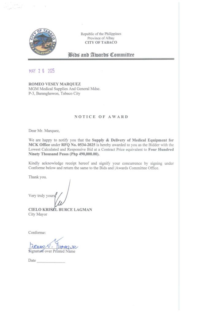 Notice of Award: Supply & Delivery of Medical Equipment for MCK Office, PR No. 25-05-0597