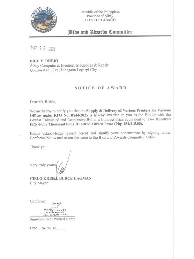 Notice of Award: Supply & Delivery of Various Printers for Various Offices, PR No. 25-05-0607