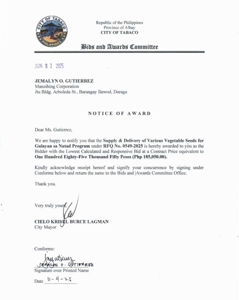 Notice of Award: Supply & Delivery of Various Vegetable Seeds for Gulayan sa Natad Program, PR No. 25-05-0626