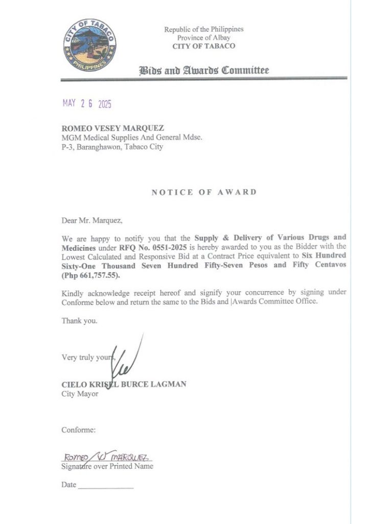 Notice of Award: Supply & Delivery of Various Drugs & Medicines, PR No. 25-05-0628