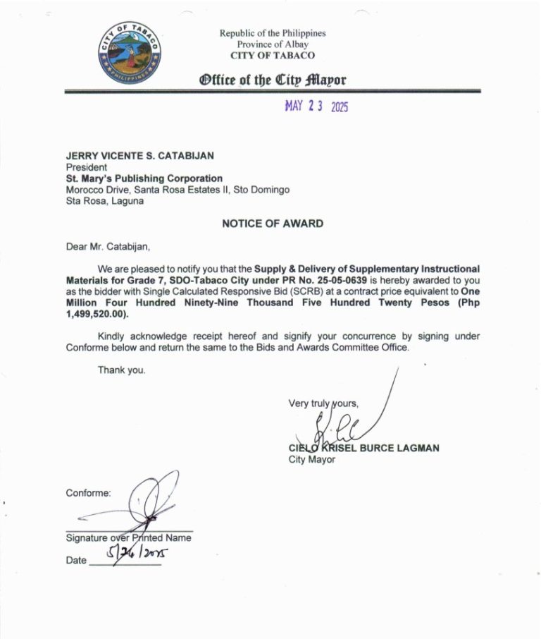 Notice of Award: Delivery of Supplementary Instructional Materials for Grade 7, SDO-Tabaco City, PR No. 25-05-0639