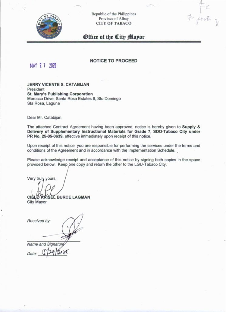 Notice to Proceed: Delivery of Supplementary Instructional Materials for Grade 7, SDO-Tabaco City, PR No. 25-05-0639