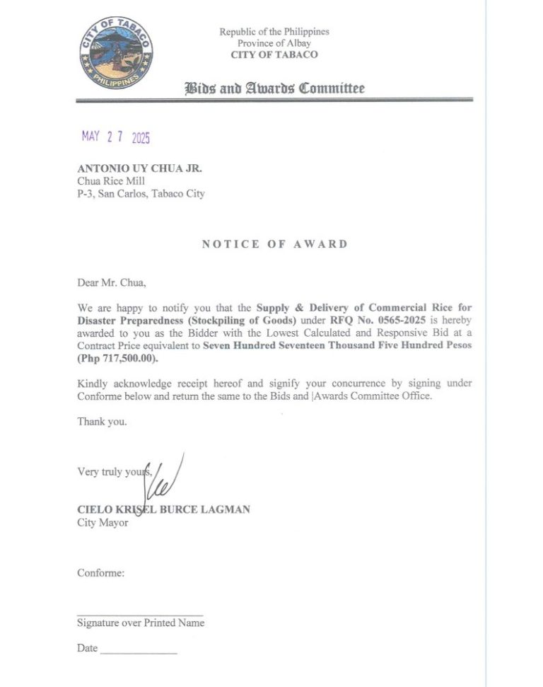 Notice of Award: Supply & Delivery of Commercial Rice for Disaster Preparedness (Stockpiling of Goods), PR No. 25-05-0643