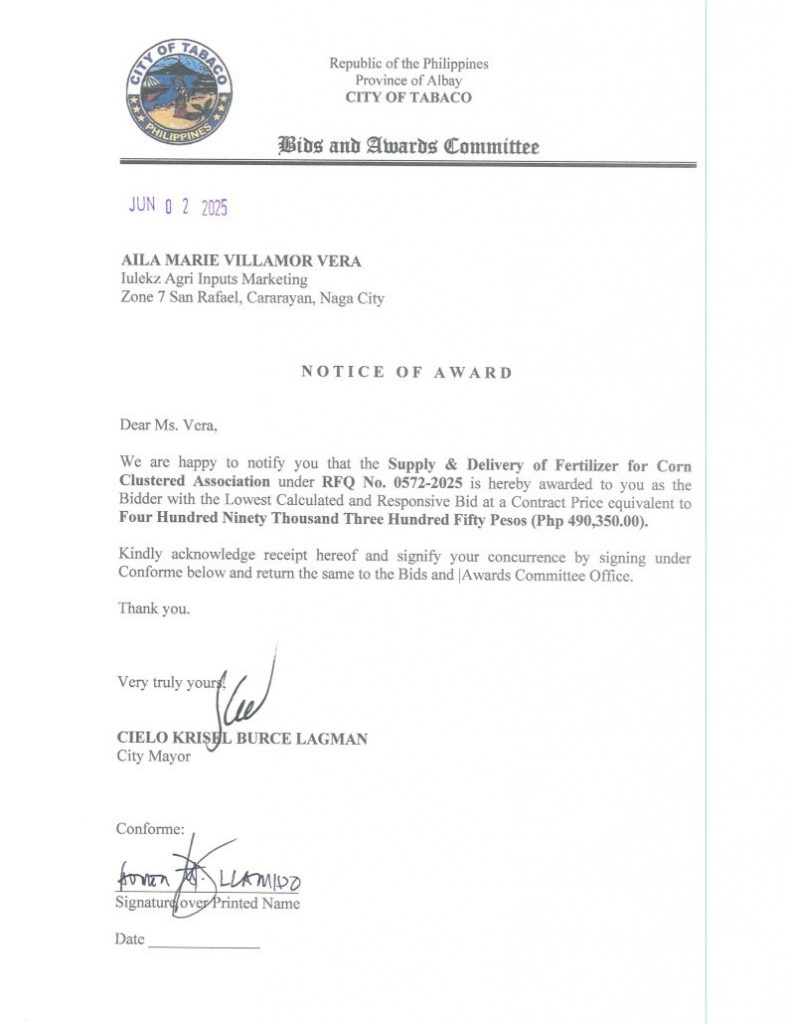 Notice of Award: Supply & Delivery of Fertilizer for Corn Clustered Association, PR No. 25-05-0654