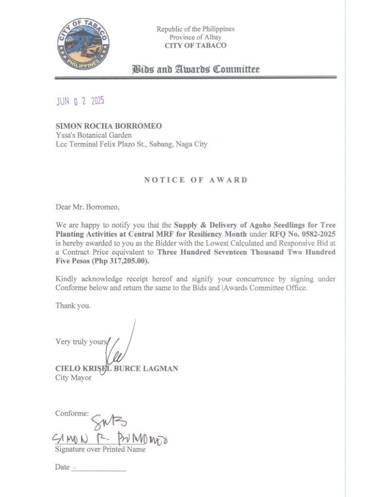 Notice of Award: Supply & Delivery of Agoho Seedlings for Tree Planting Activities at Central MRF for Resiliency Month, PR No. 25-05-0665