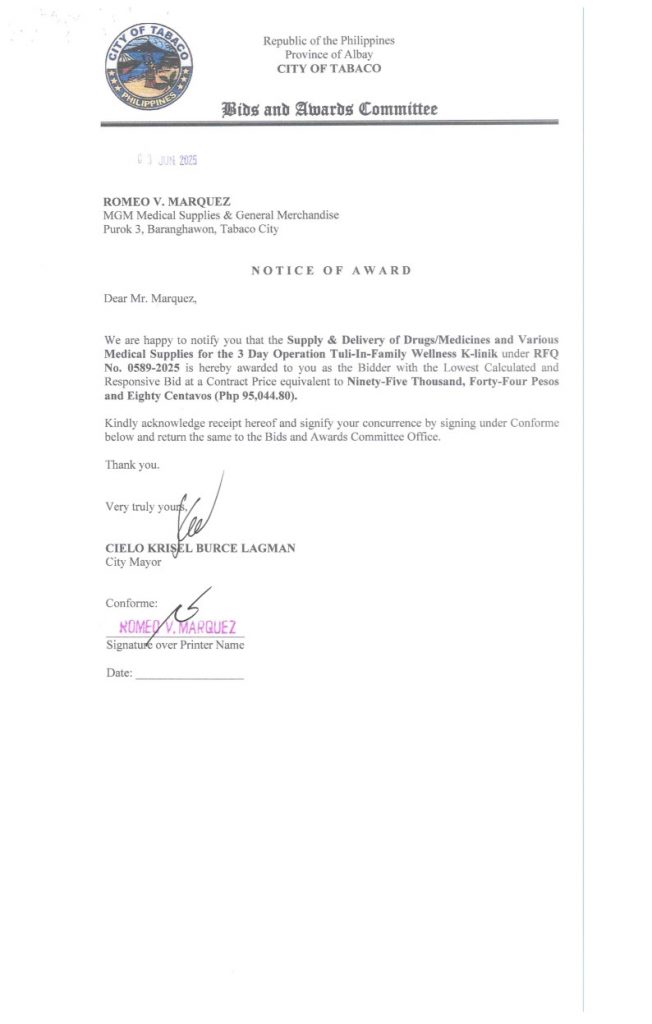 Notice of Award: Supply & Delivery of Drugs/Medicines & Various Medical Supplies for the 3 Day Operation Tuli-in-Family Wellness K-linik, PR No. 25-05-0689