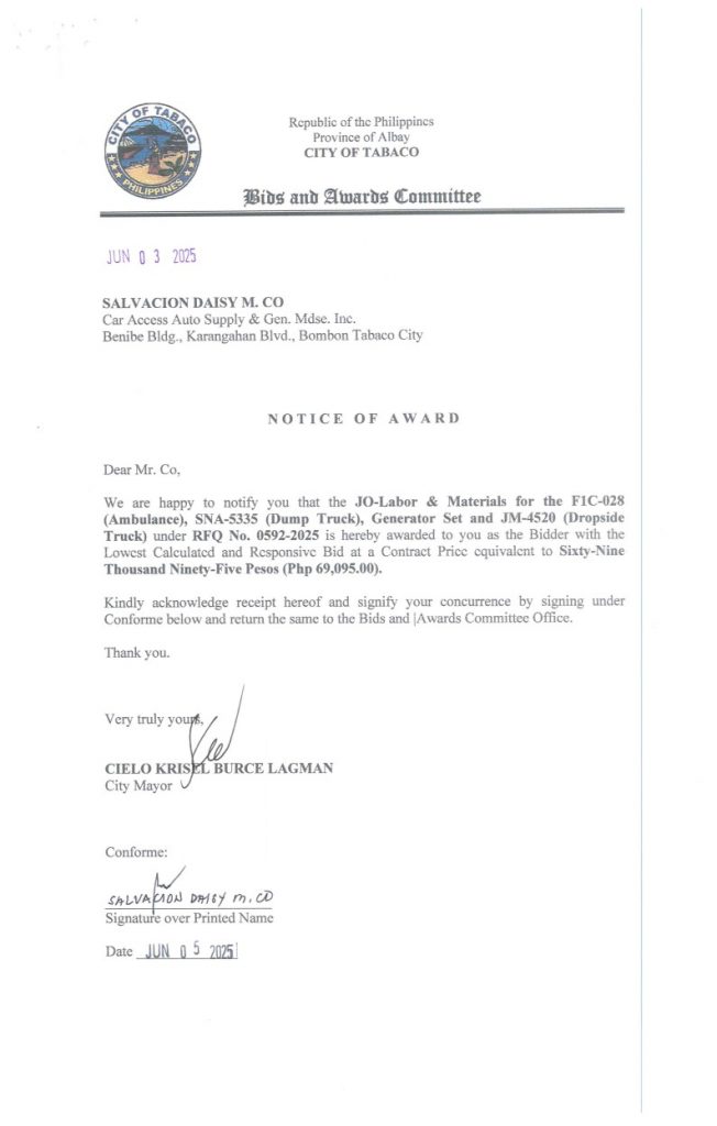 Notice of Award: JO-Labor & Materials for the F1C-028 (Ambulance), SNA-5335 (Dump Truck), Generator Set & JM-4520 (Dropside Truck), PR No. 25-05-0692
