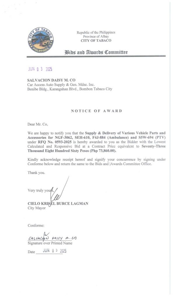 Notice of Award: Supply & Delivery of Various Vehicle Parts & Accessories for NGF-3062, SHE-610, F4J-884 (Ambulance) & S5W-694 (PTV), PR No. 25-05-0693