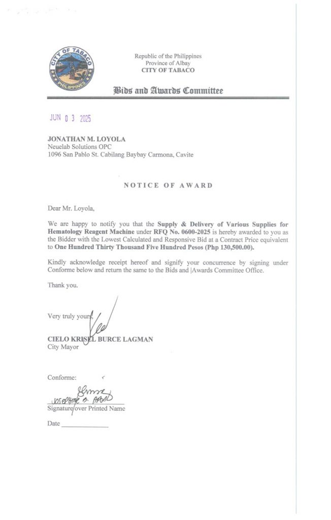 Notice of Award: Supply & Delivery of Various Supplies for Hematology Reagent Machine, PR No. 25-05-0700