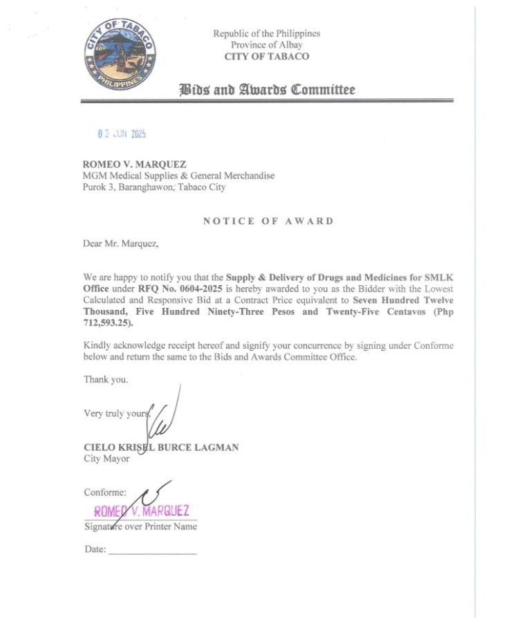 Notice of Award: Supply & Delivery of Drugs and Medicines for SMLK Office, PR No. 25-05-0704