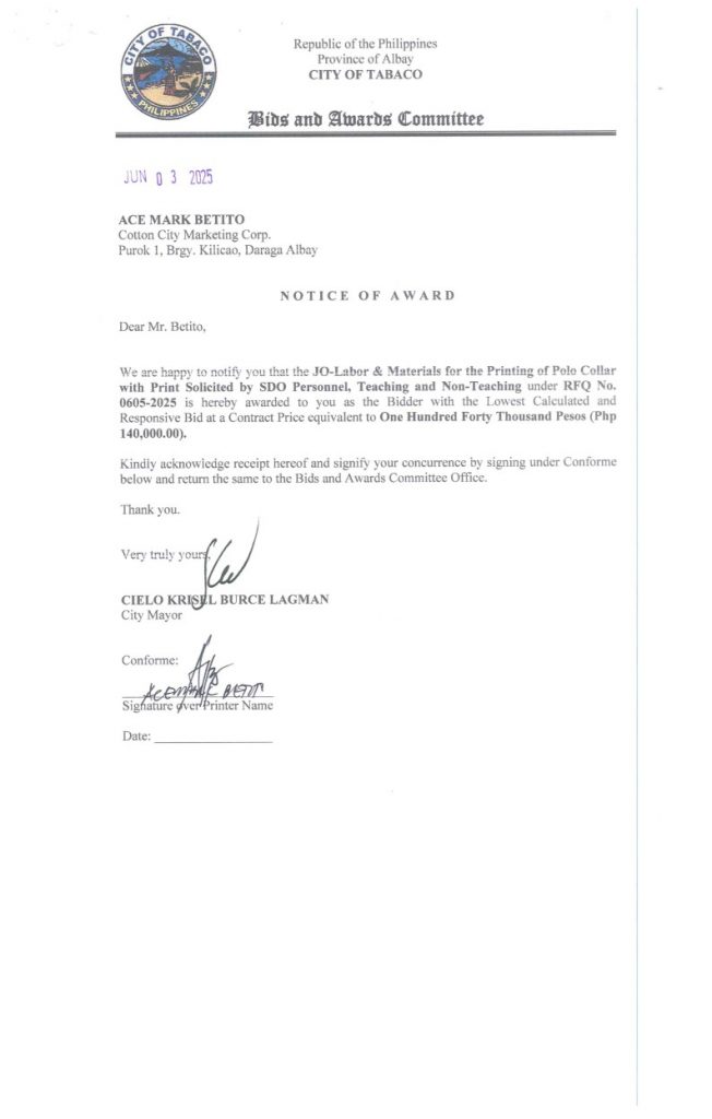 Notice of Award: JO-Labor & Materials for the Printing of Polo Collar with Print Solicited by SDO Personnel, Teaching & Non-Teaching, PR No. 25-05-0705