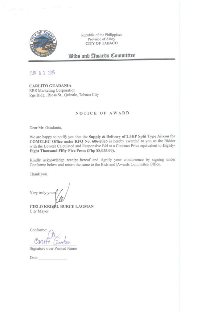Notice of Award: Supply & Delivery of 2.5HP Split Type Aircon for COMELEC Office, PR No. 25-05-0706
