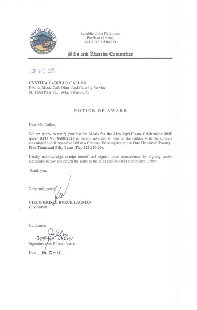 Notice of Award: Meals for the 24th Agi-Fiesta Celebration 2025, PR No. 25-05-0707
