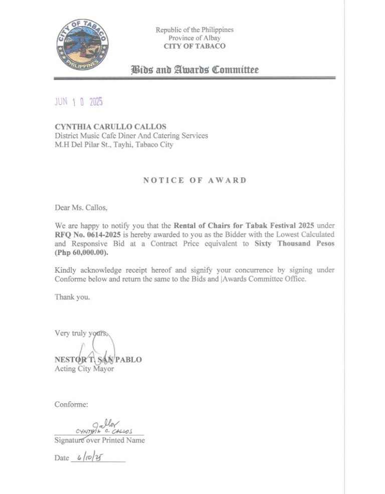 Notice of Award: Rental of Chairs for Tabak Festival 2025, PR No. 25-06-0714