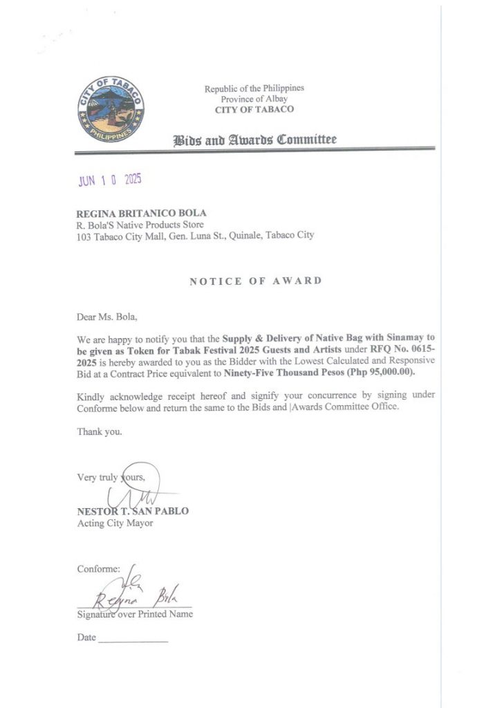 Notice of Award: Supply & Delivery of Native Bag with Sinamay to be given as Token for Tabak Festival 2025 Guests & Artist, PR No. 25-065-0715