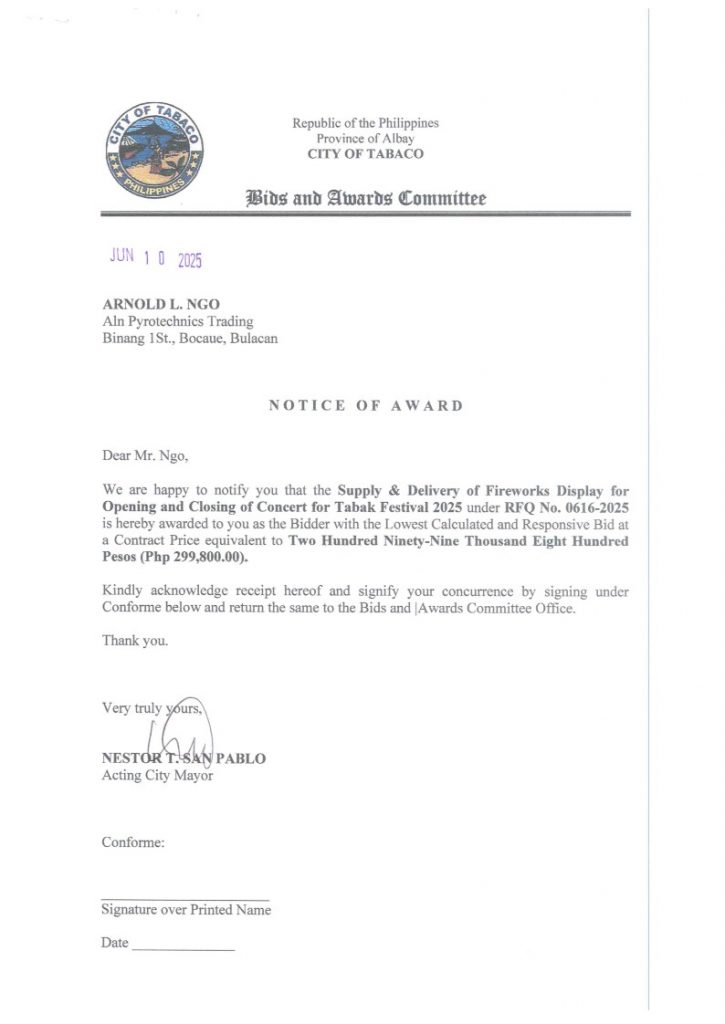 Notice of Award: Supply & Delivery of Fireworks Display for Opening & Closing of Concert for Tabak Festival 2025, PR No. 25-06-0716