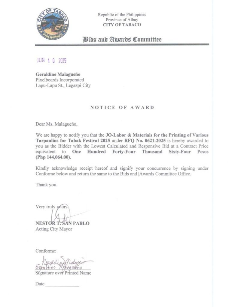Notice of Award: JO-Labor & Materials for the Printing of Various Tarpaulins for Tabak Festival 2025, PR No. 25-06-0721