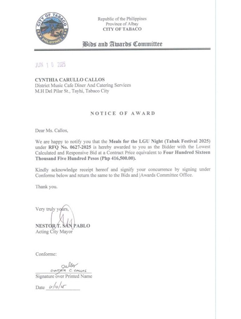 Notice of Award: Meals for the LGU Night (Tabak Festival 2025), PR No. 25-06-0729