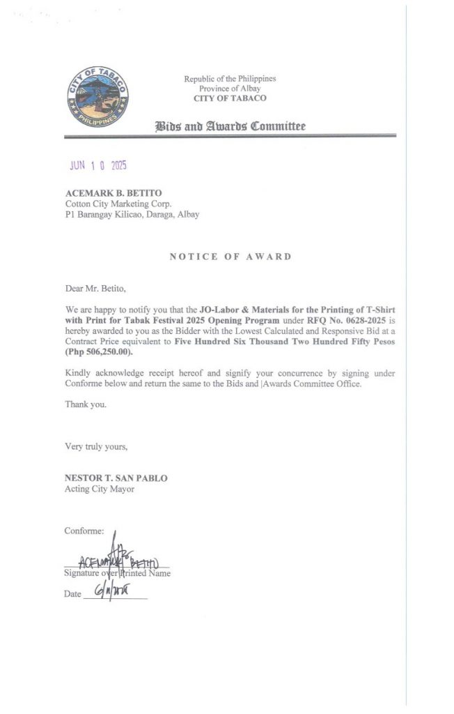 Notice of Award: JO-Labor & Materials for the Printing of T-Shirt with Print for Tabak Festival 2025 Opening Program, PR No. 25-06-0730