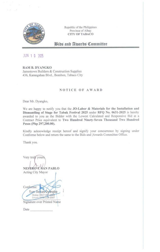 Notice of Award: JO-Labor & Materials for the Installation & Dismantling of Stage for Tabak Festival 2025, PR No. 25-06-0738