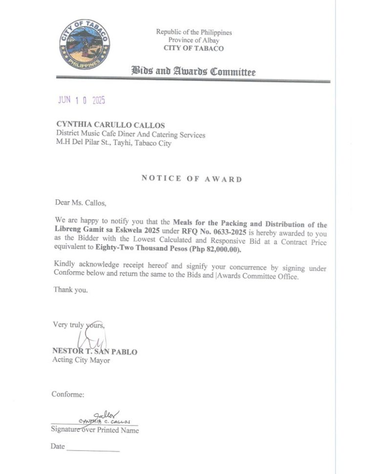 Notice of Award: Meals for the Packing and Distribution of the Libreng Gamit sa Eskwela 2025, PR No. 25-06-0740