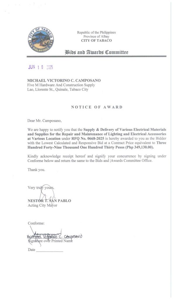 Notice of Award: Supply & Delivery of Various Electrical Materials & Supplies for the Repair & Maintenance of Lighting & Electrical Accessories at Various Location, PR No. 25-06-0776