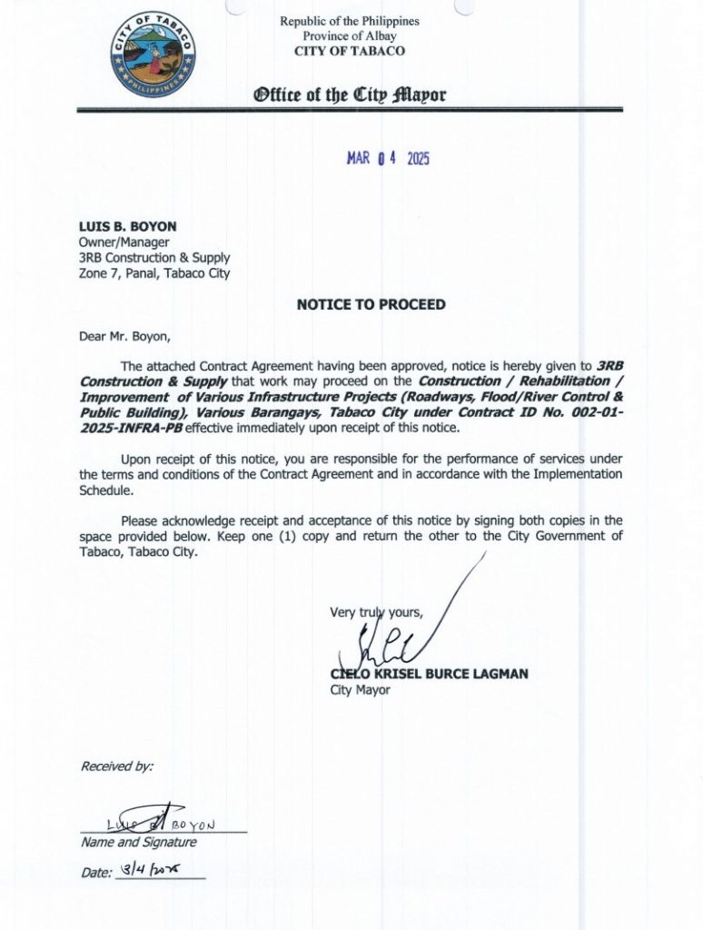 NOTICE TO PROCEED: Construction / Rehabilitation / Improvement of Various Infrastructure Projects (Roadways, Flood/River Control & Public Building), Various Barangays, Tabaco City under Contract ID No. 002-01-2025-INFRA-PB
