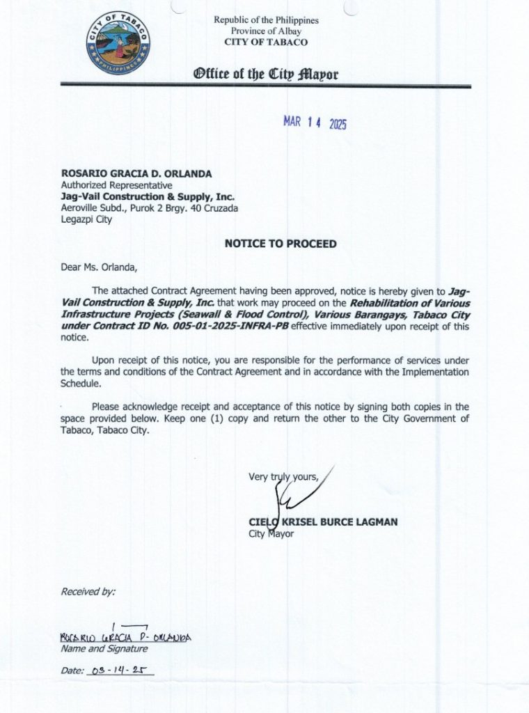 Notice to Proceed: Rehabilitation of Various Infrastructure Projects (Seawall & Flood Control), Various Barangays, Tabaco City under Contract ID No. 005-01-2025-INFRA-PB