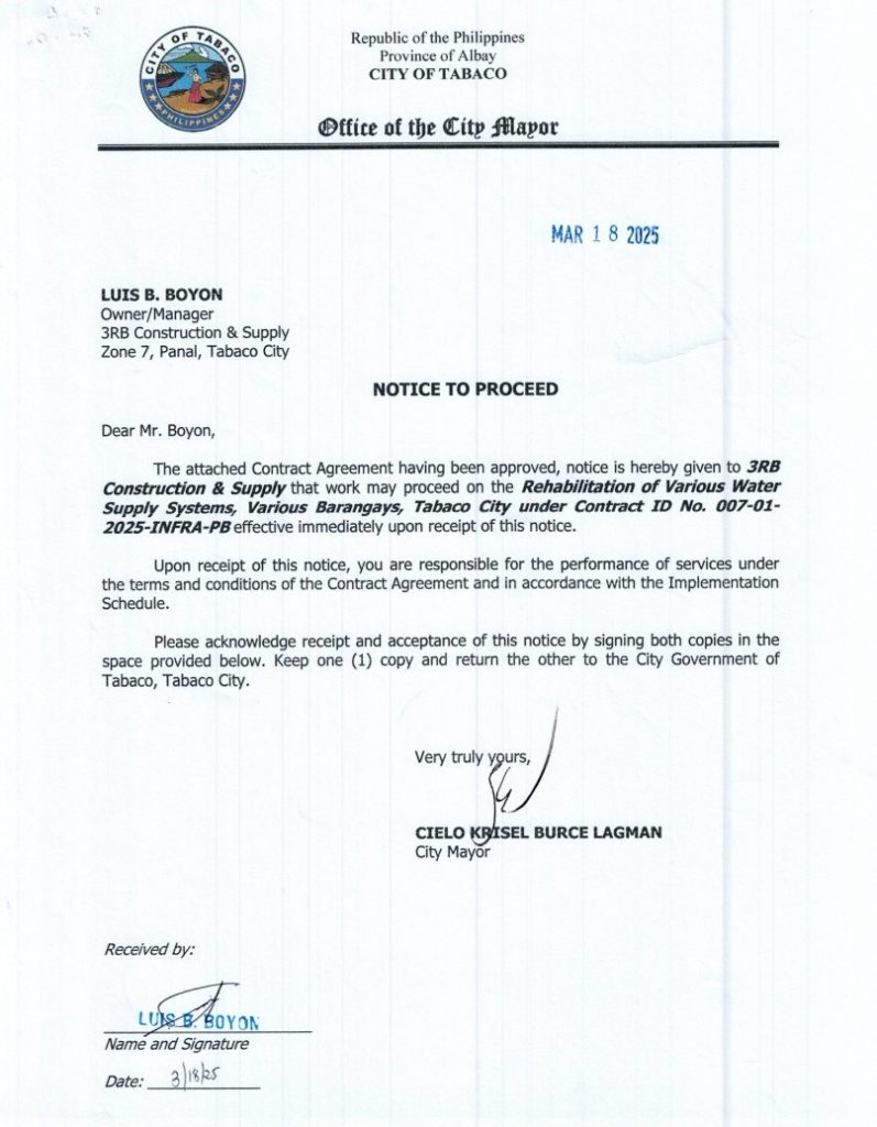 Notice to Proceed: Rehabilitation of Various Water Supply Systems, Various Barangays, Tabaco City under Contract ID No. 007-01-2025-INFRA-PB