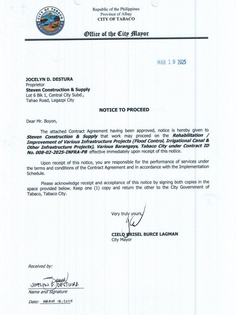 Notice to Proceed: Rehabilitation / Improvement of Various Infrastructure Projects (Flood Control, Irrigational Canal & Other Infrastructure Projects), Various Barangays, Tabaco City under Contract ID No. 008-02-2025-INFRA-PB