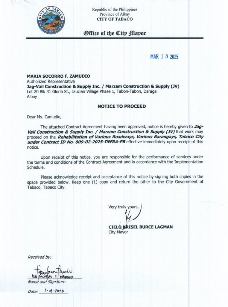 Notice to Proceed: Rehabilitation of Various Roadways, Various Barangays, Tabaco City under Contract ID No. 009-02-2025-INFRA-PB