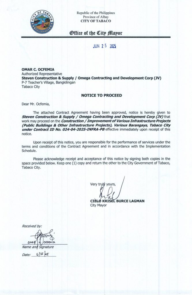 Notice to Proceed: Construction / Improvement of Various Infrastructure Projects (Public Building & Other Infrastructure Projects) Various Barangays, Tabaco City under Contract ID No. 024-04-2025-INFRA-PB