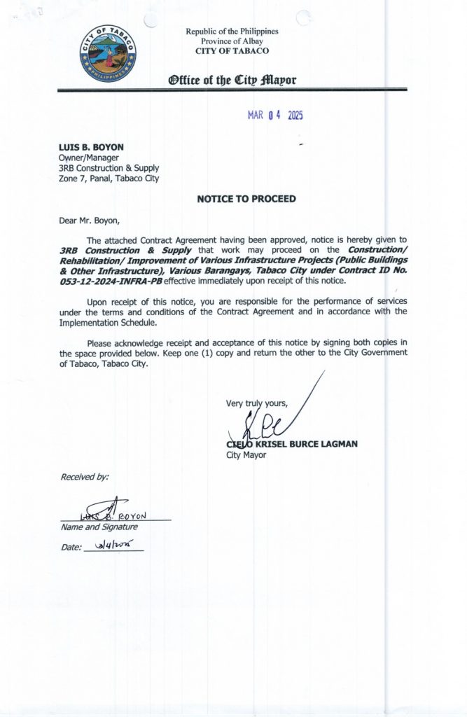 NOTICE TO PROCEED: Construction/ Rehabilitation/ Improvement of Various Infrastructure Projects (Public Buildings & Other Infrastructure), Various Barangays, Tabaco City, Contract ID No. 053-12-2024-INFRA-PB