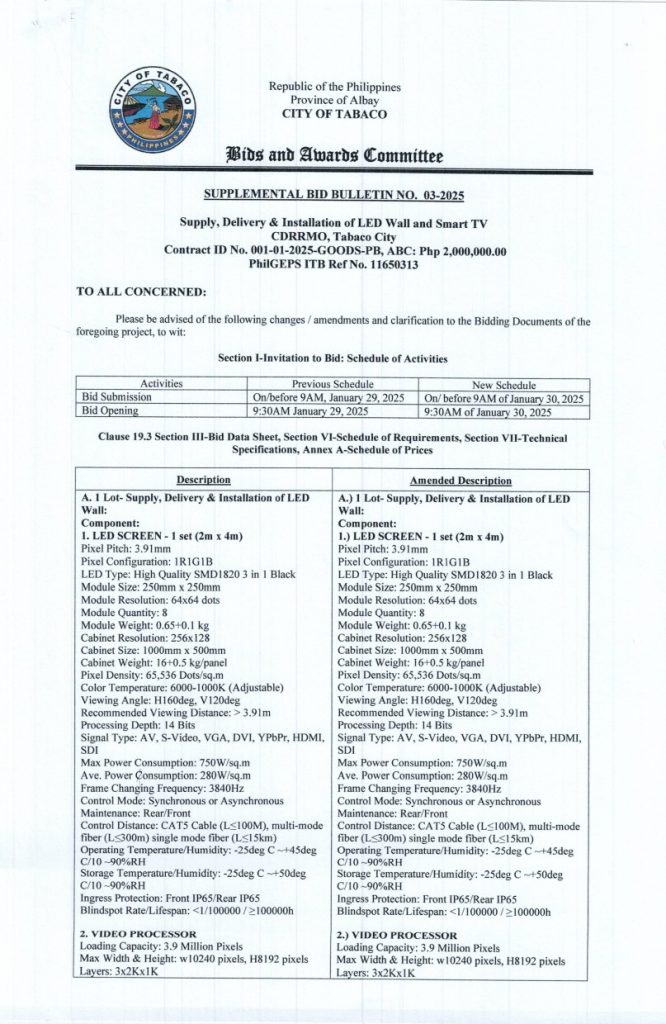 SUPPLEMENTAL BID BULLETIN NO. 03-2025 Supply, Delivery & Installation of LED Wall and Smart TV, CDRRMO, Tabaco City, Contract ID No. 001-01-2025-GOODS-PB