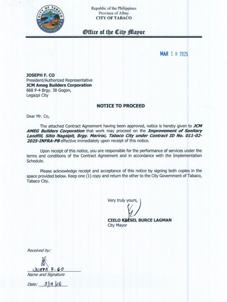 Notice to Proceed: Improvement of Sanitary Landfill, Sitio Nagsipit, Brgy. Mariroc, Tabaco City under Contract ID No. 011-02-2025-INFRA-PB