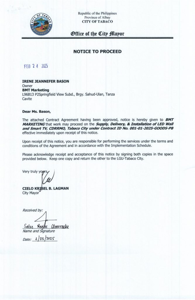 NOTICE TO PROCEED: Supply, Delivery & Installation of LED Wall and Smart TV CDRRMO, Tabaco City, Contract ID No. 001-01-2025-GOODS-PB