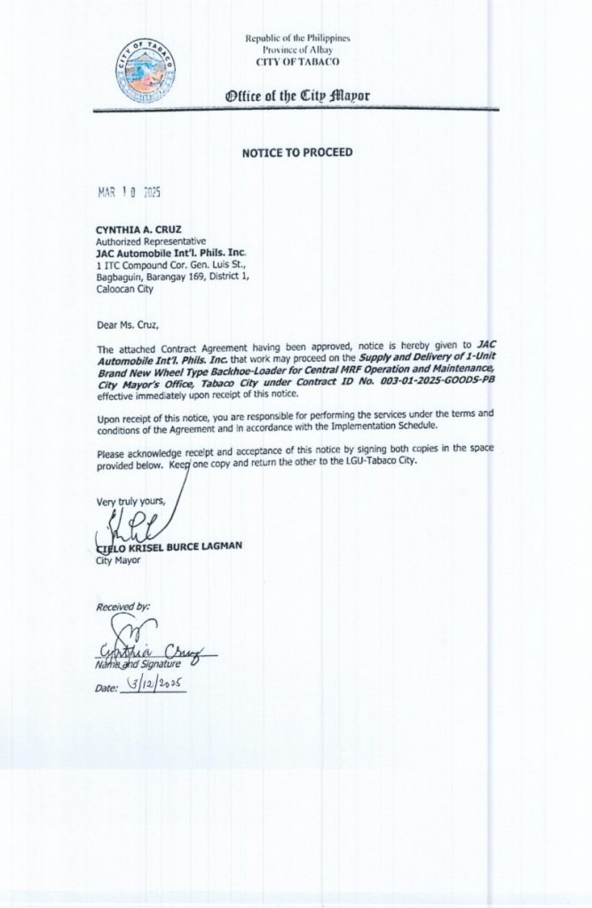 NOTICE TO PROCEED: Supply and Delivery of 1-Unit Brand New Wheel Type Backhoe-Loader for Central MRF Operation and Maintenance, City Mayor’s Office, Tabaco City, Contract ID No. 003-01-2025-GOODS-PB