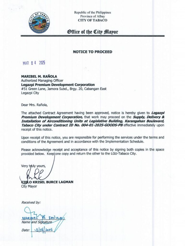 Notice to Proceed: Supply, Delivery & Installation of Airconditioning Units at Legislative Building, Karangahan Boulevard, Tabaco City under Contract ID No. 004-01-2025-GOODS-PB