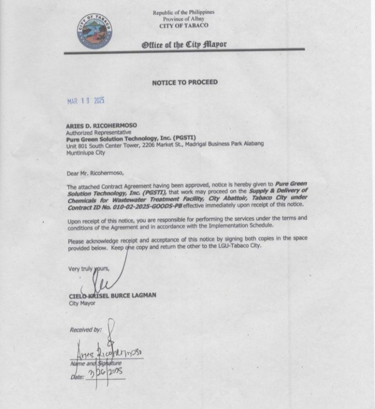 Notice to Proceed: Supply & Delivery of Chemicals for Wastewater Treatment Facility, City Abattoir, Tabaco City under Contract ID No. 010-02-2025-GOODS-PB