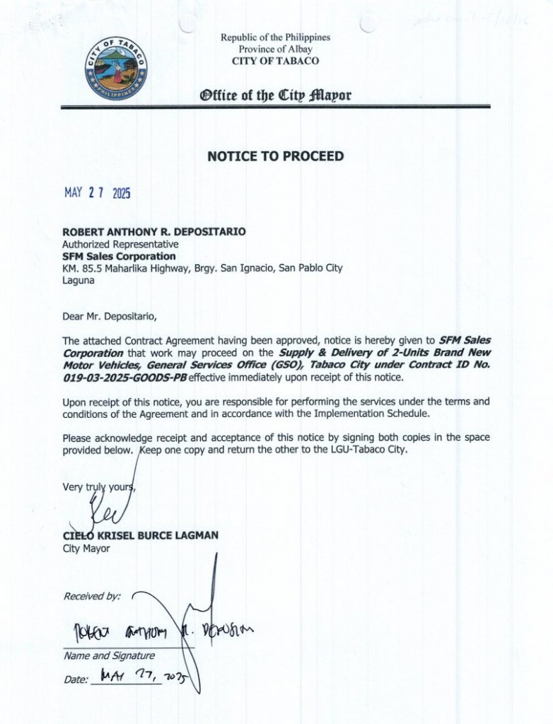 Notice to Proceed: Supply & Delivery of 2-Units Brand New Motor Vehicle, General Services Office (GSO), Tabaco City under Contract ID No. 019-03-2025-GOODS-PB