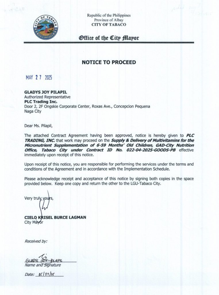 Notice to Proceed: Supply & Delivery of Multivitamins for the Micronutrient Supplementation of 6-59 Months Old Children, GAD- City Nutrition Office, Tabaco City under Contract ID No. 022-04-2025-GOODS-PB